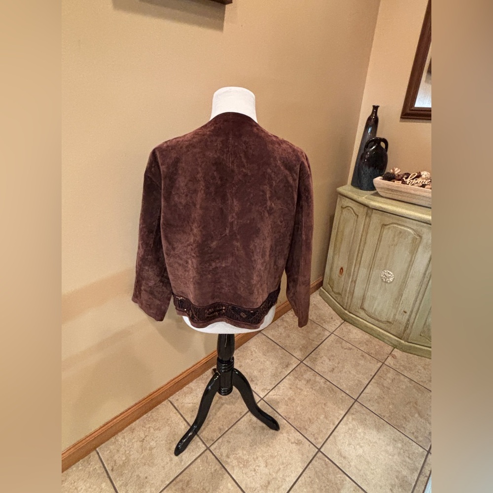 Chico's Brown Leather Suede Open Front Jacket with Beaded & Sequin Embellishment - Picture 4 of 5